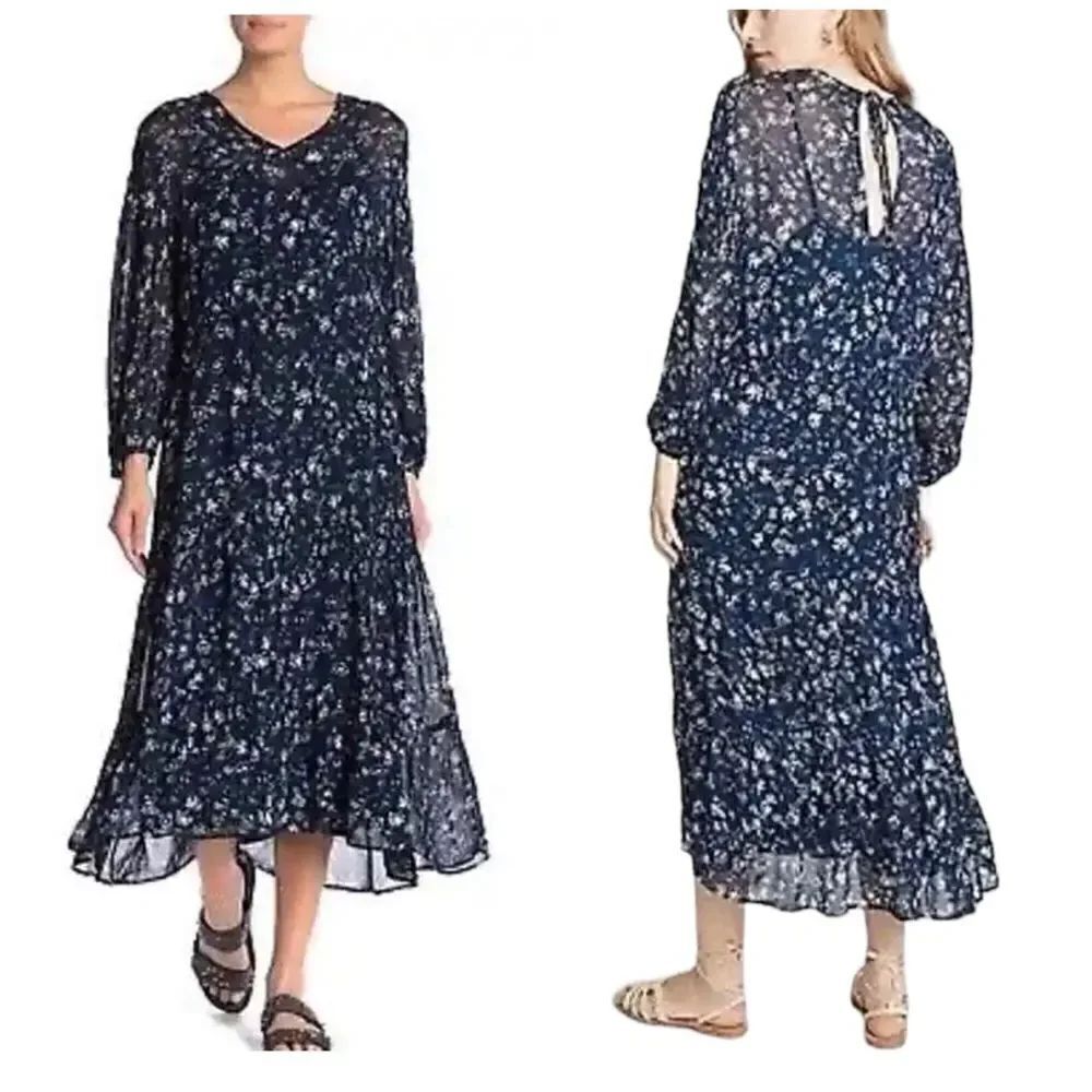 Free People Wallflower Midi Chiffon Dress Navy/White Flared Semi Sheer size S